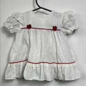 Alexis Vintage white eyelet with red appliqué  & trim ruffle dress size 3 months